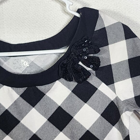 Justice Black White Check SS Black Sequin Bow Neckline Cotton Span Top Size 18 - Picture 6 of 16